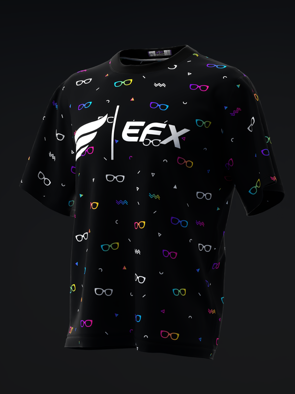 Black bowling jersey with colorful neon glasses pattern throughout, front view