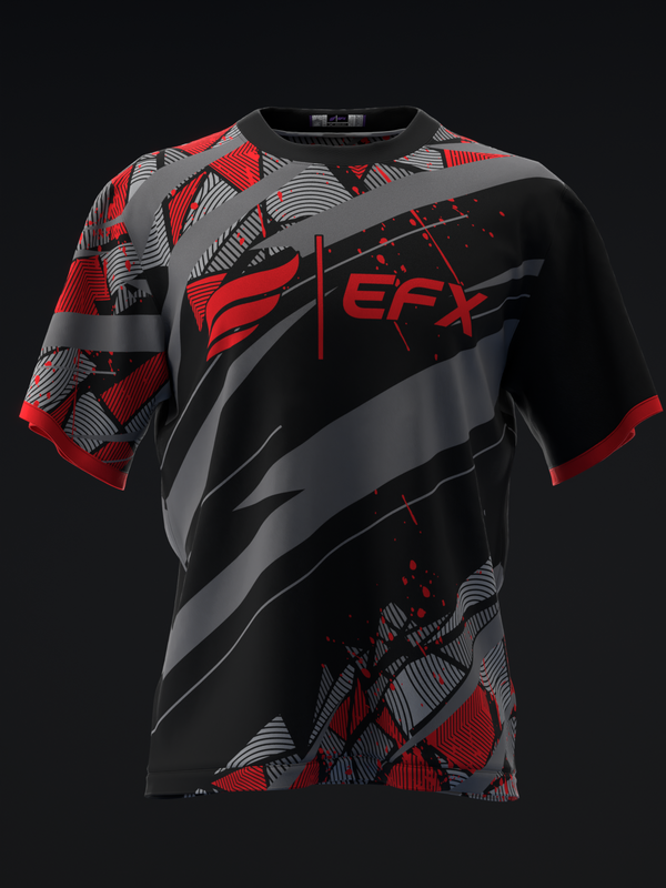 Black bowling jersey with red and gray geometric pattern and EFX graphic, front view