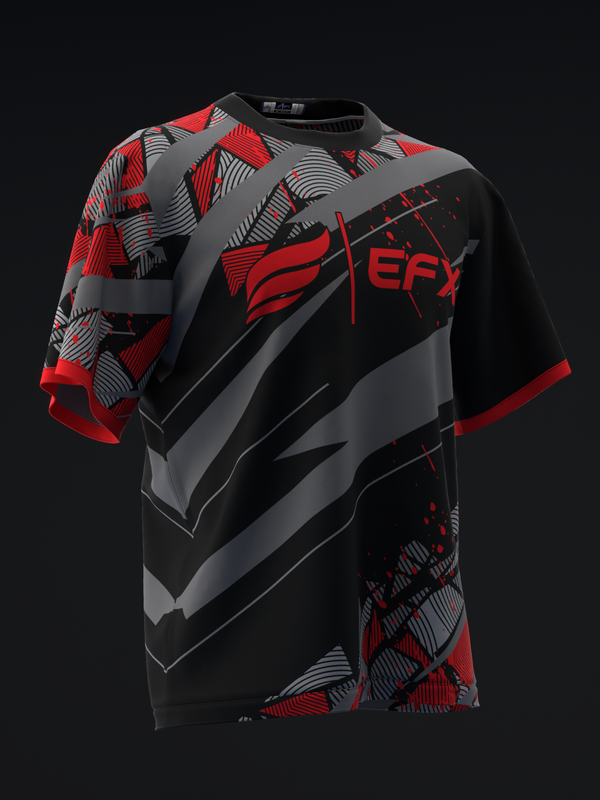 Black bowling jersey with red and gray geometric design and EFX logo