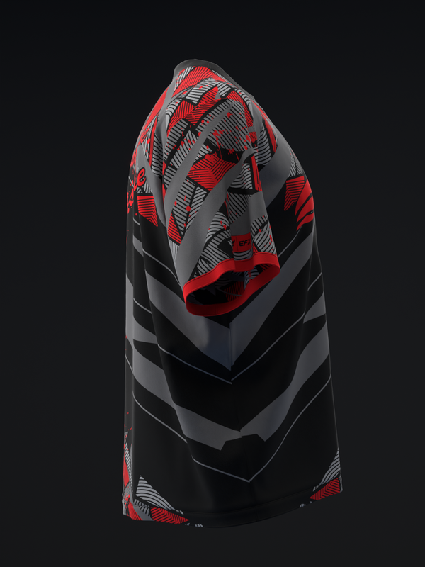 Black and red bowling jersey with geometric striped pattern, back view