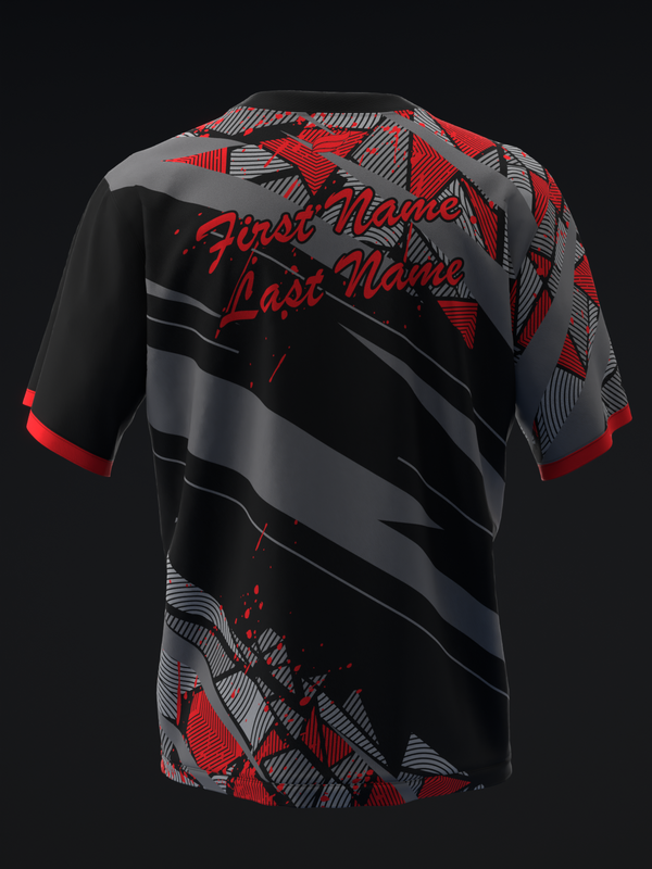 Black bowling jersey with red and gray geometric pattern and custom name text