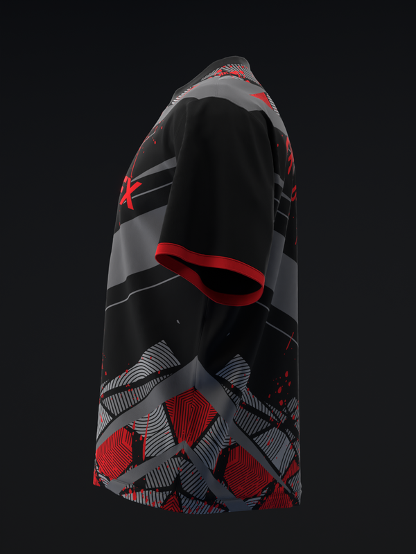 Black and red bowling jersey with geometric pattern design, side view