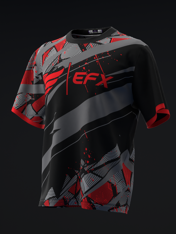 Black bowling jersey with red and gray geometric pattern and EFX logo