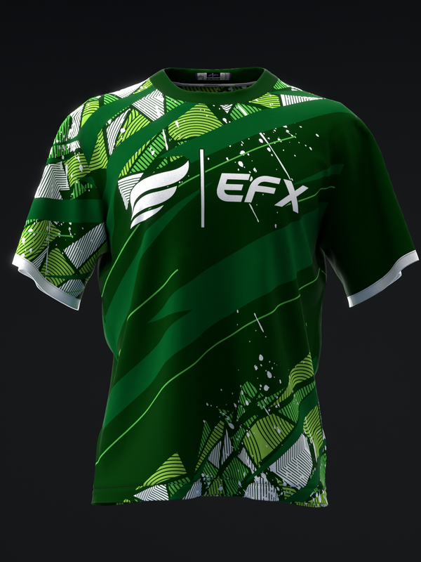 Green bowling jersey with white and lime geometric pattern and EFX logo on front