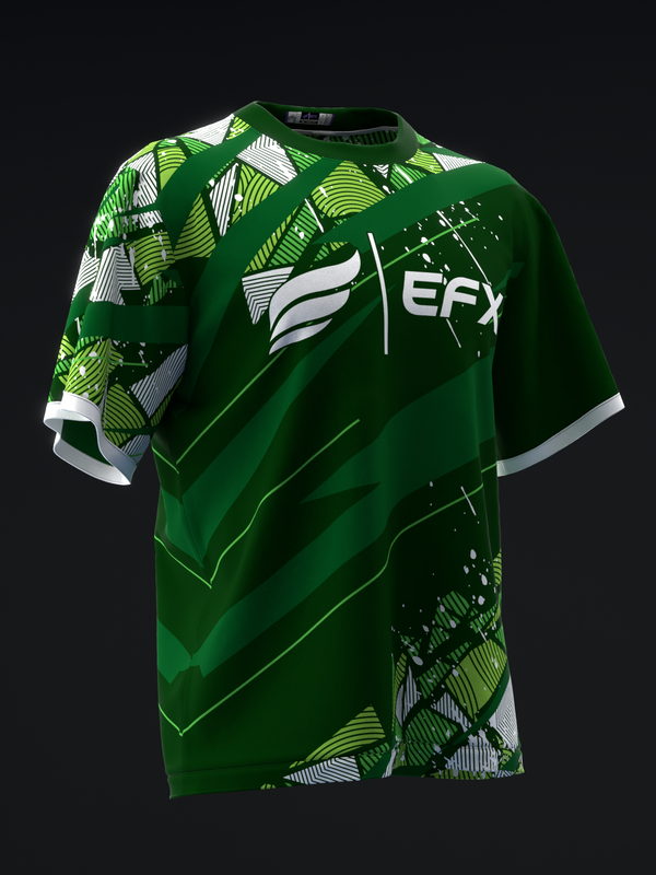 Green bowling jersey with white and lime geometric pattern and EFX logo
