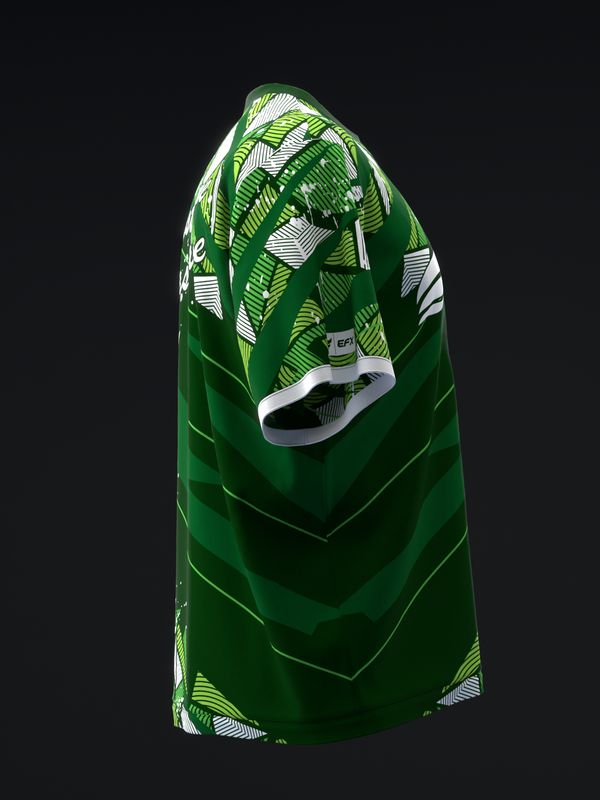 Green bowling jersey with lime geometric leaf pattern and white accents