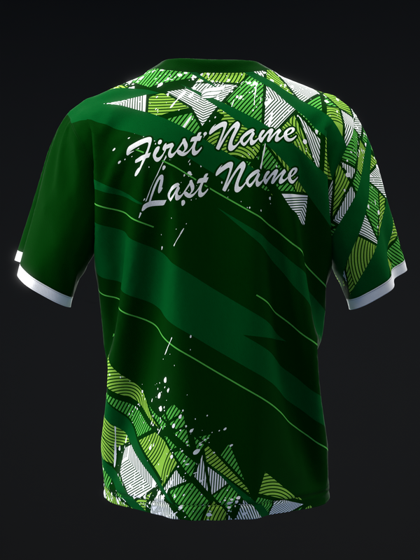 Green bowling jersey back view with white leaf pattern and personalization text