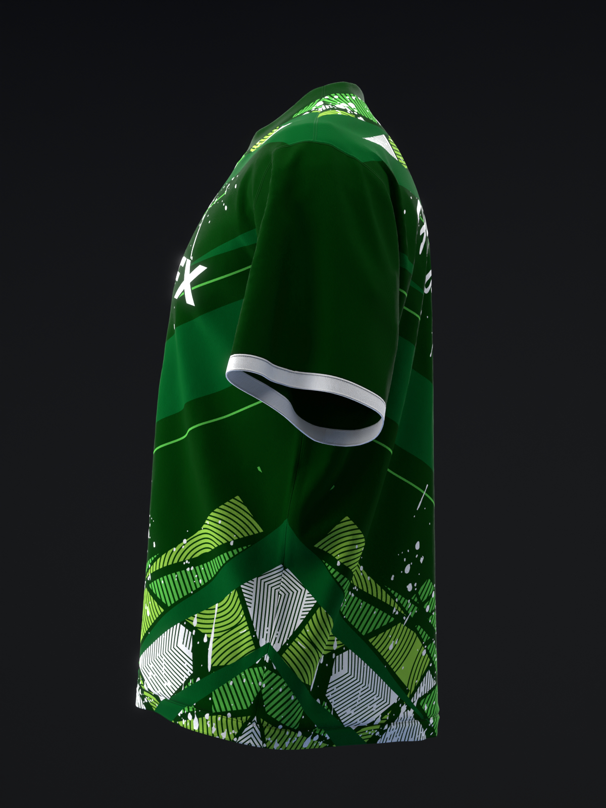 Green bowling jersey with geometric leaf pattern and white accents