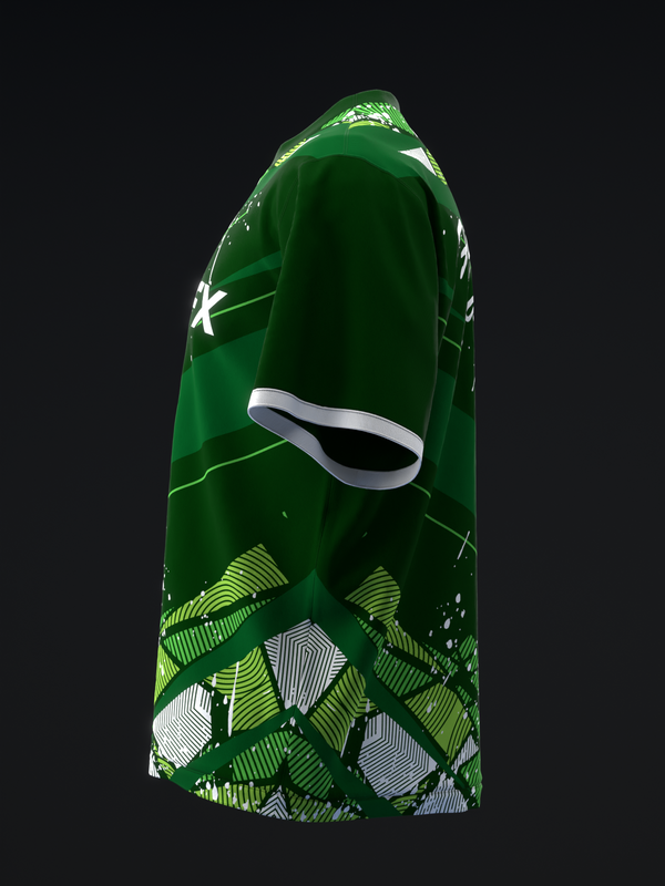 Green bowling jersey with geometric leaf pattern and white accents