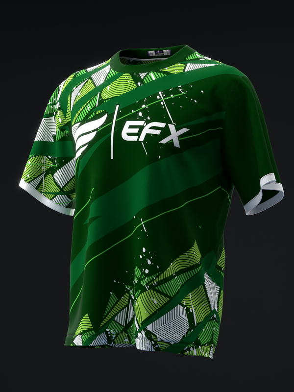 Green and white bowling jersey with geometric striped pattern and EFX logo, front view