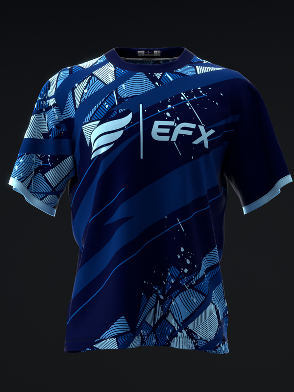 Navy blue bowling jersey with light blue geometric pattern and EFX logo, front view