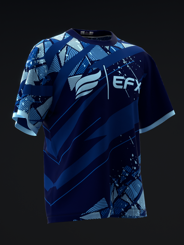 Navy blue bowling jersey with light blue geometric pattern and EFX logo, front view