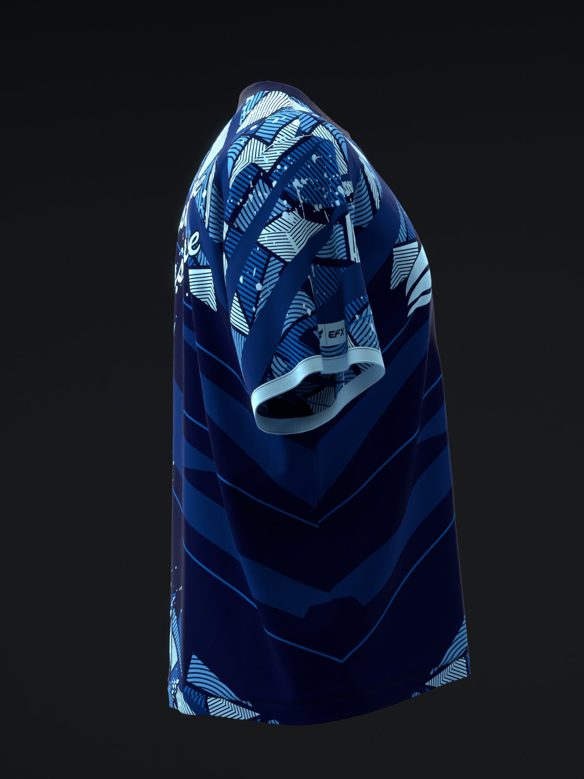 Navy blue bowling jersey with geometric line pattern design, front view
