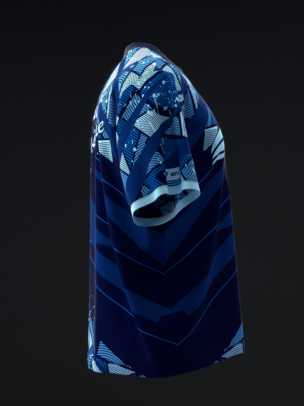 Navy blue bowling jersey with geometric line pattern design, front view