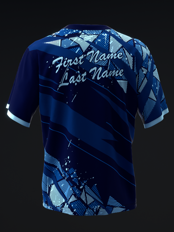 Navy blue bowling jersey with light blue geometric pattern and personalized text on back
