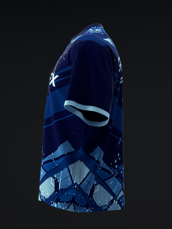 Navy blue bowling jersey with light blue geometric pattern and white star graphic