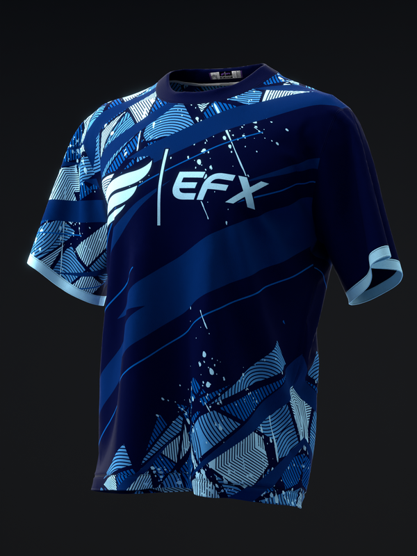 Navy blue bowling jersey with light blue geometric pattern and EFX logo, front view