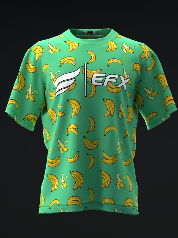 Green bowling jersey with yellow banana pattern and white EFX logo, front view