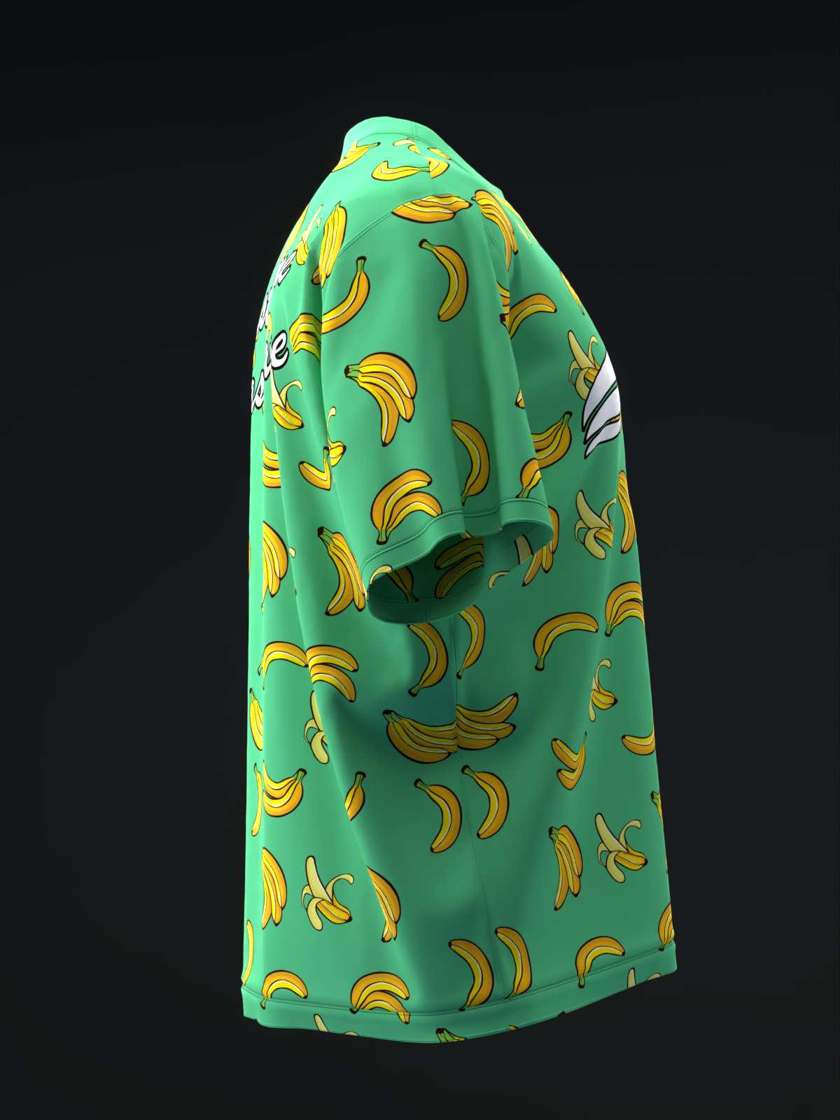 Green bowling jersey with allover yellow banana print pattern, side view