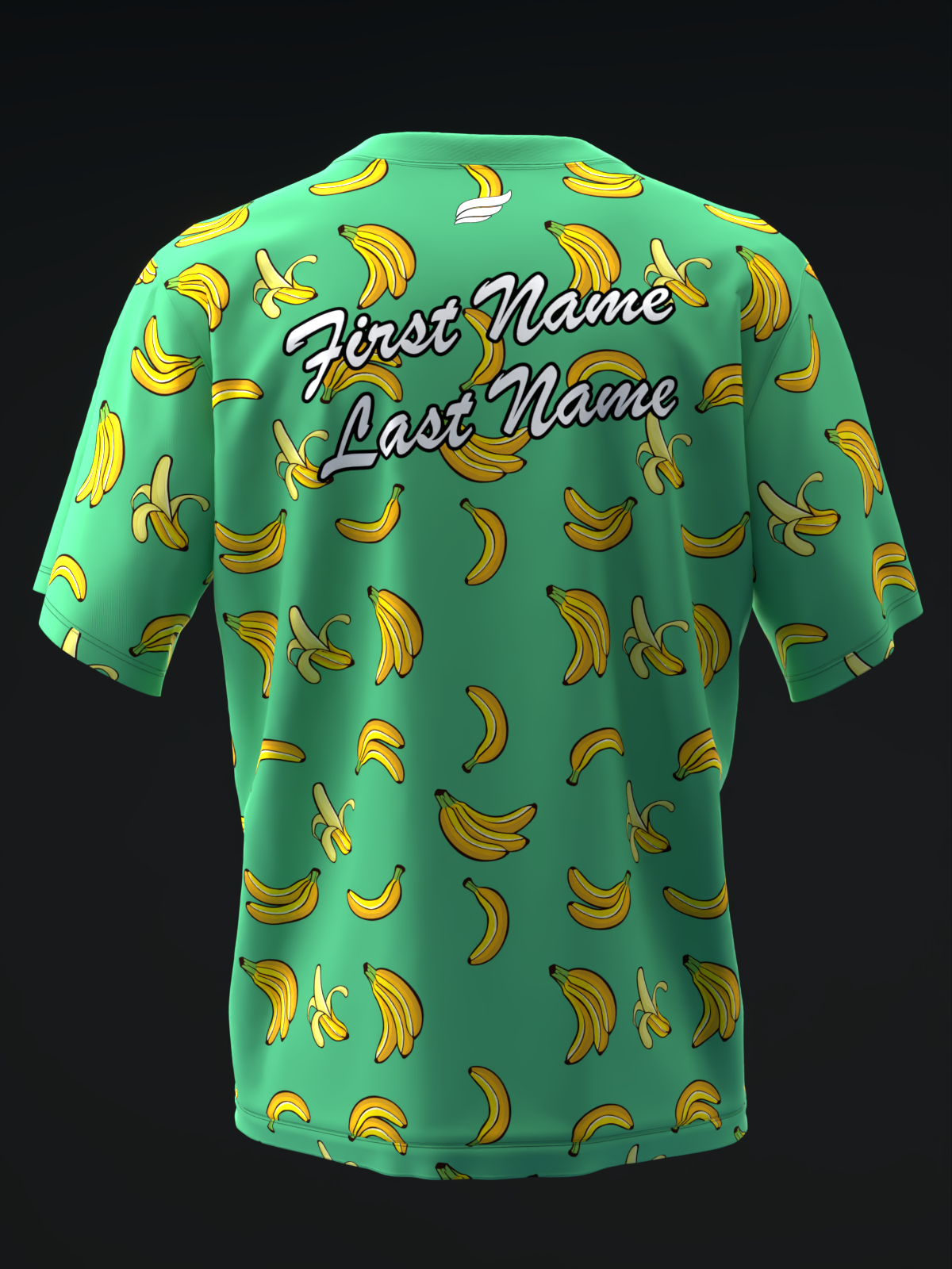 Green bowling jersey with yellow banana print and personalized name text on back