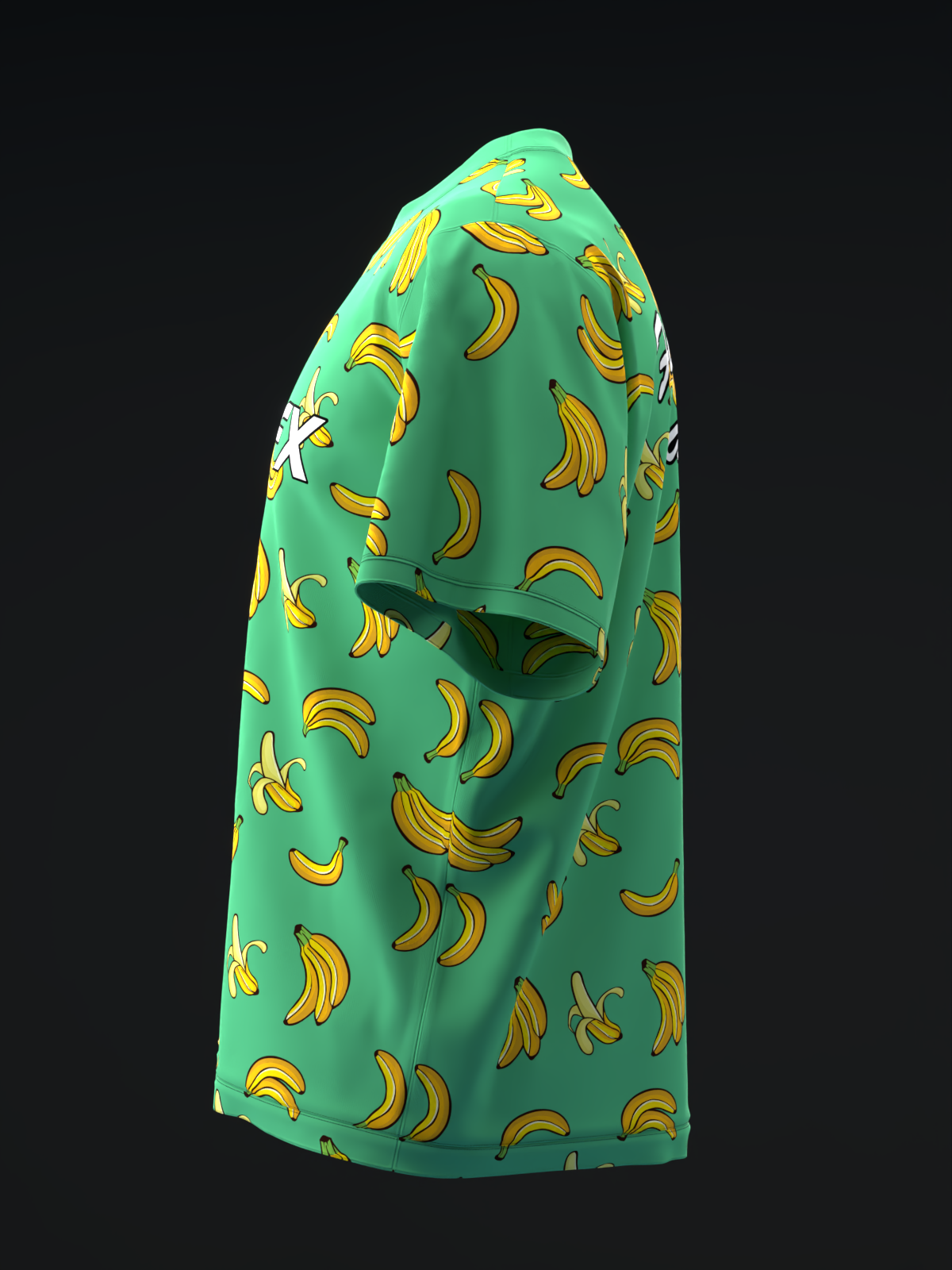Green bowling jersey with scattered yellow banana print, side view