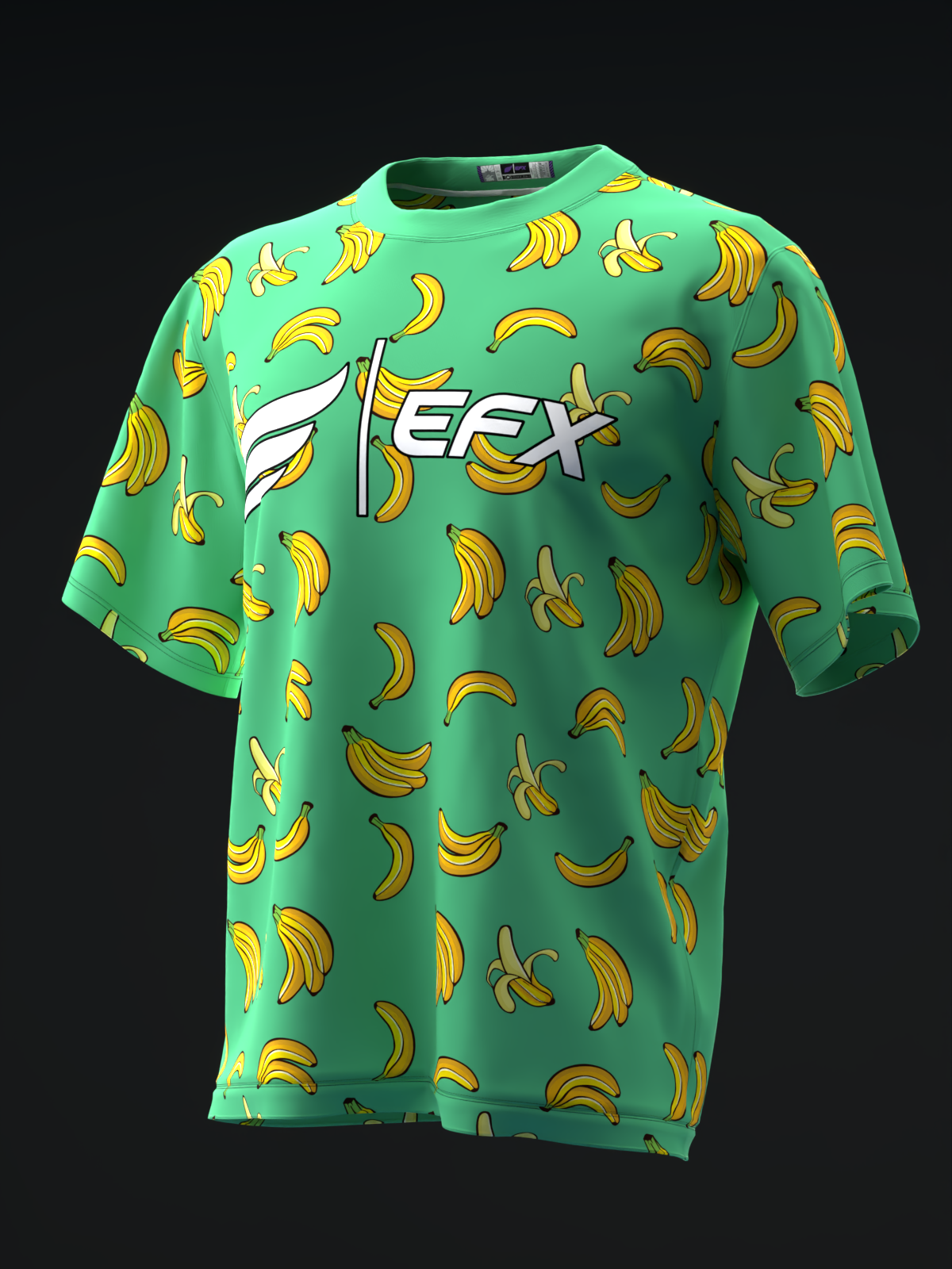 Green bowling jersey with all-over banana print and EFX logo front view