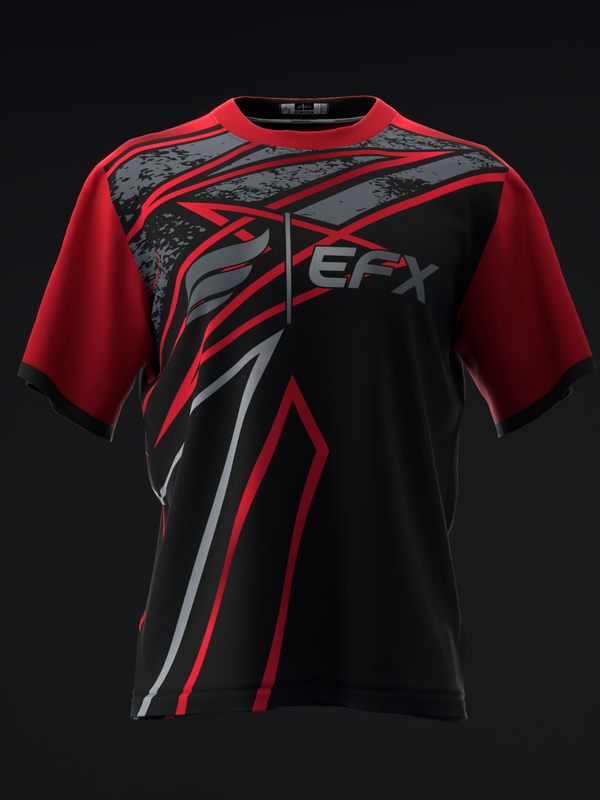 Red and black bowling jersey with geometric graphics and EFX logo displayed front view