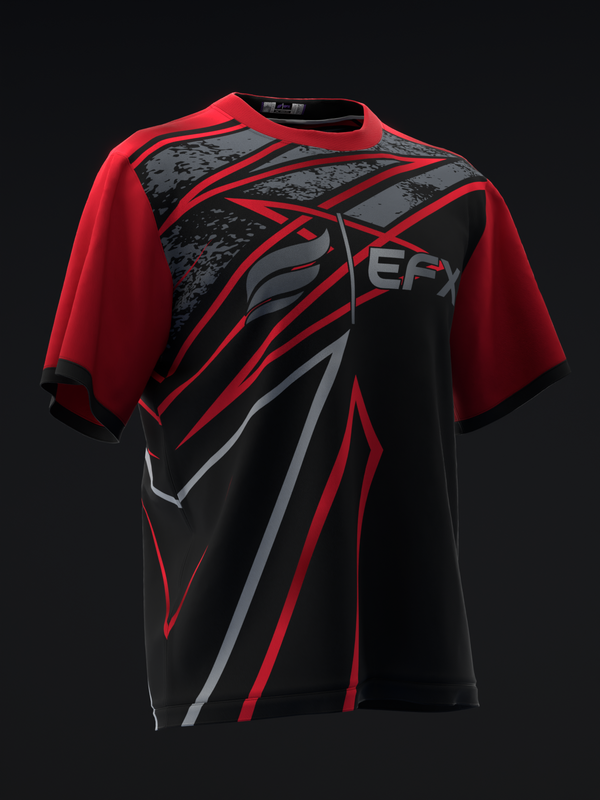Red and black bowling jersey with geometric line design and EFX logo