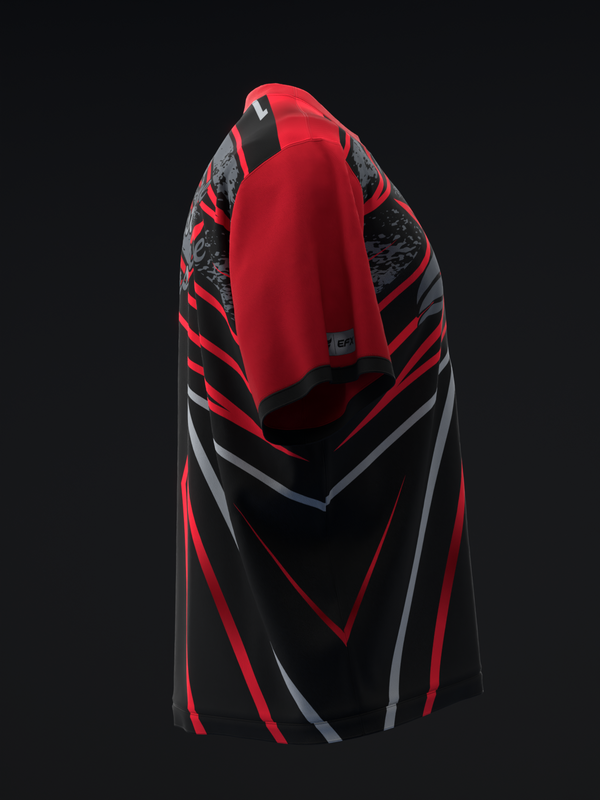 Red and black bowling jersey with geometric striped pattern, front view