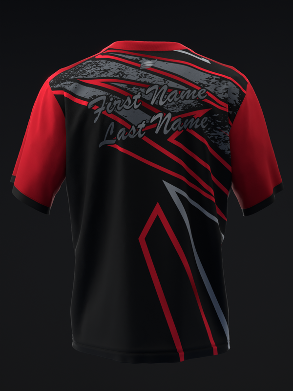 Red and black bowling jersey with geometric lightning bolt design and personalization text