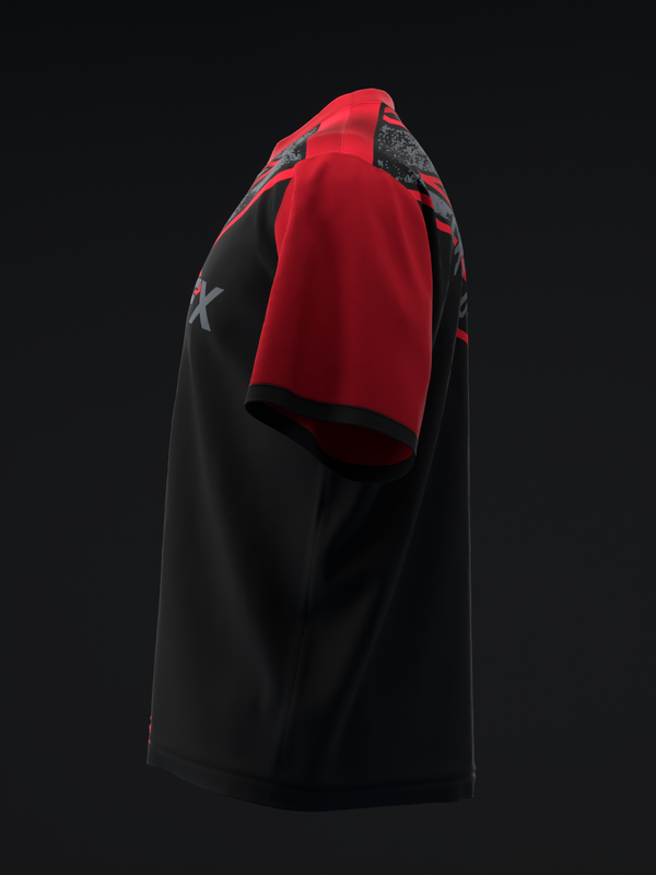 Black bowling jersey with red shoulders and gray star graphic detail