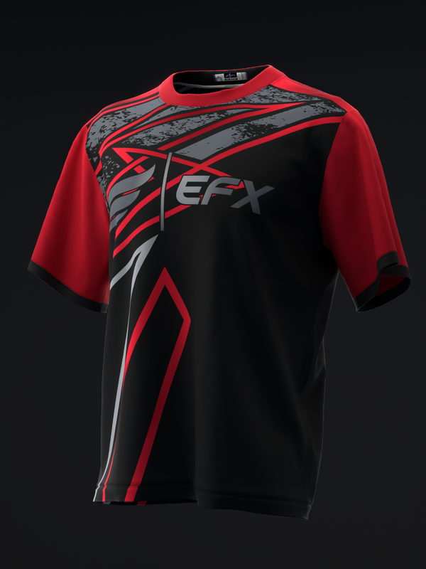 Red and black bowling jersey with geometric stripe design and EFX logo