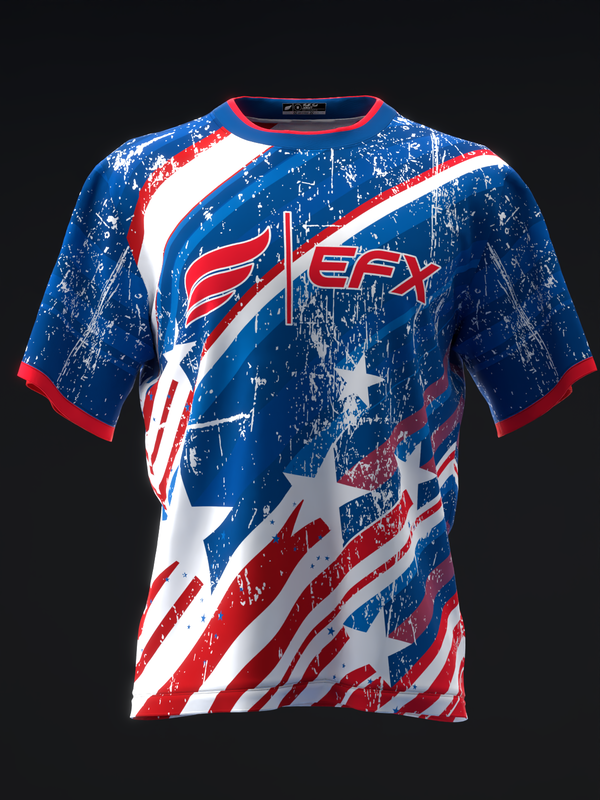 Blue bowling jersey with red, white, and distressed star design front view