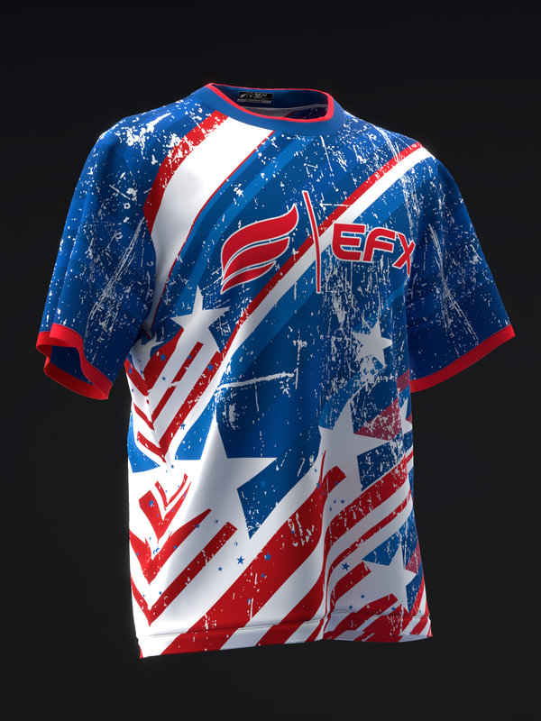 Blue, red, and white bowling jersey with distressed grunge stars and stripes pattern
