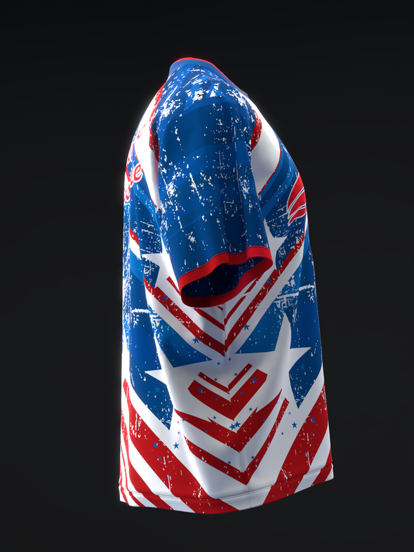 Blue, red, and white bowling jersey with geometric chevron and star pattern