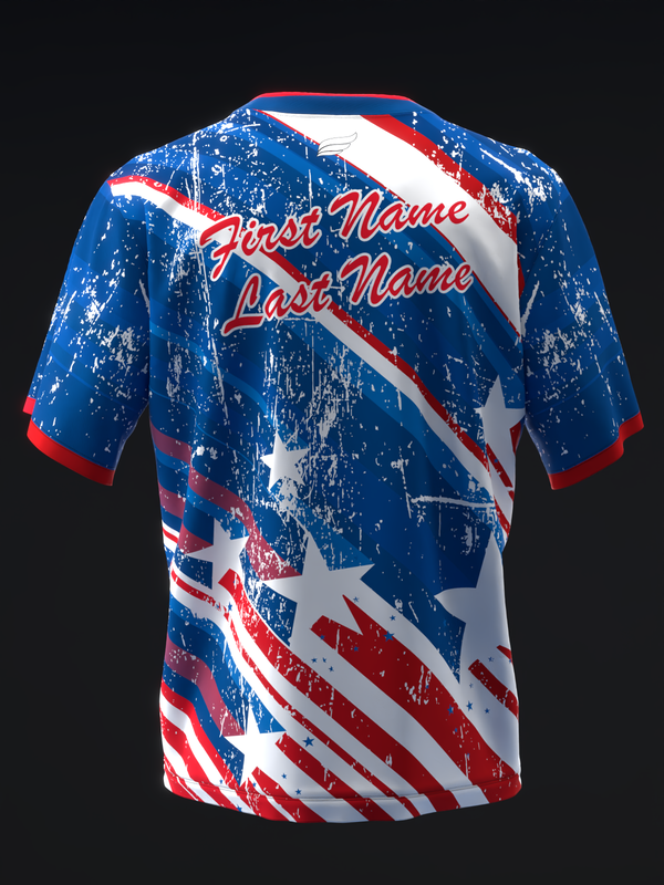 Blue bowling jersey with red and white distressed stars and stripes design, front view