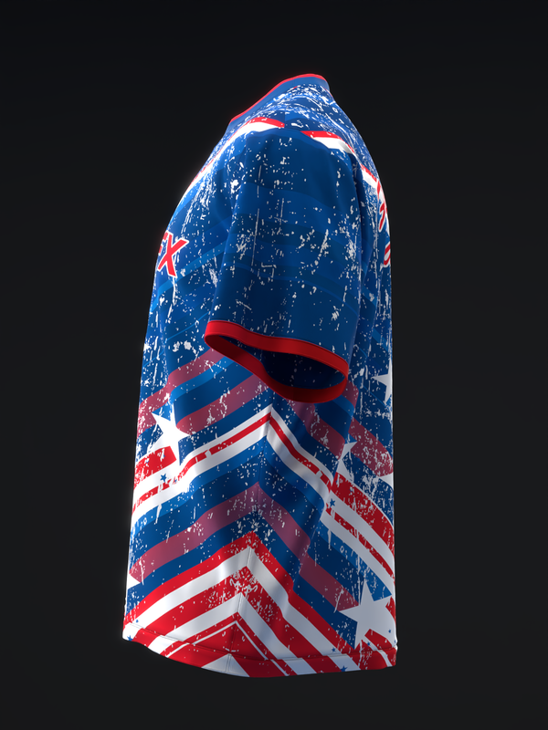 Red, white, and blue bowling jersey with distressed chevron stripe pattern, side view