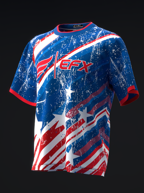 Blue bowling jersey with red and white distressed graphic design, front view