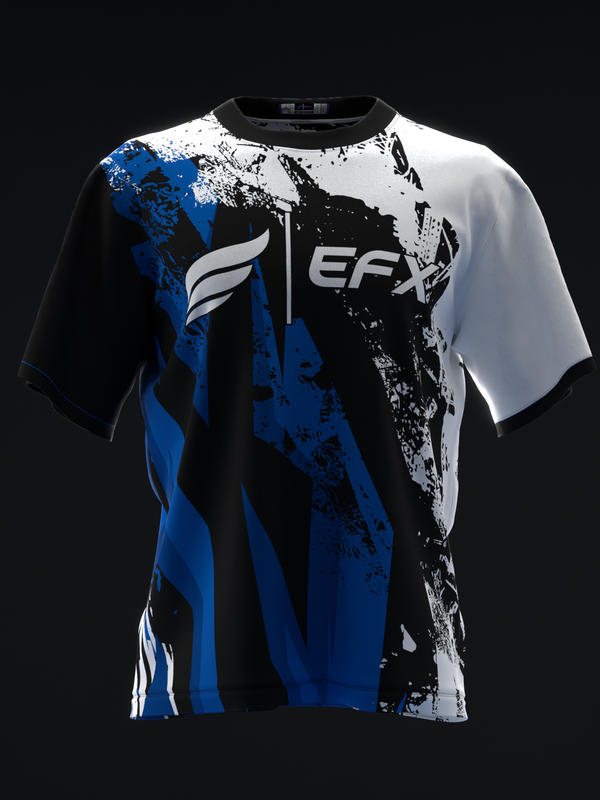 Front view of black, white, and blue bowling jersey with distressed graphic design