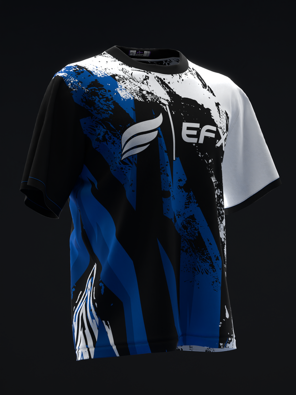 Black, white, and blue bowling jersey with abstract splatter graphic design front view