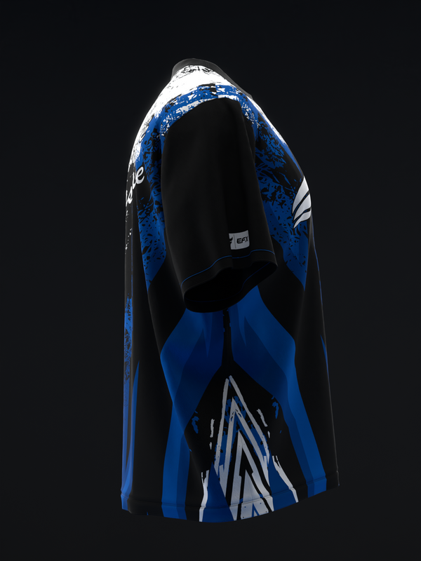 Blue and black bowling jersey with white graphic accents, front view