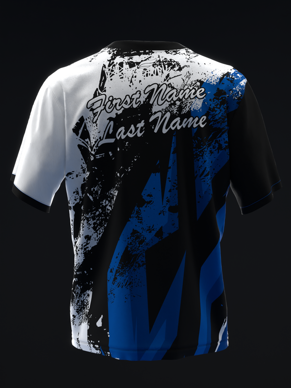 Black, white, and blue bowling jersey with grunge texture and personalization text