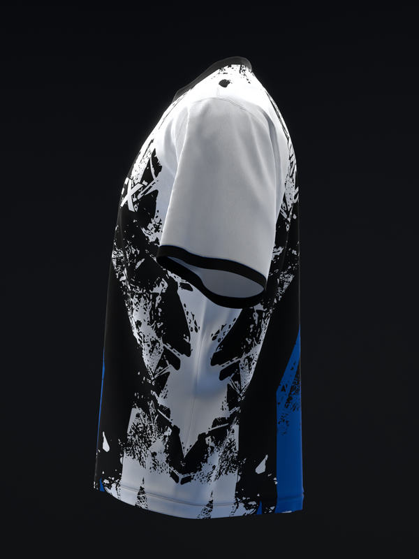 White bowling jersey with black grunge graphic pattern and blue side panel