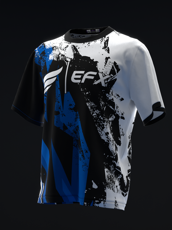 Black, white, and blue bowling jersey with splatter graphic design, front view