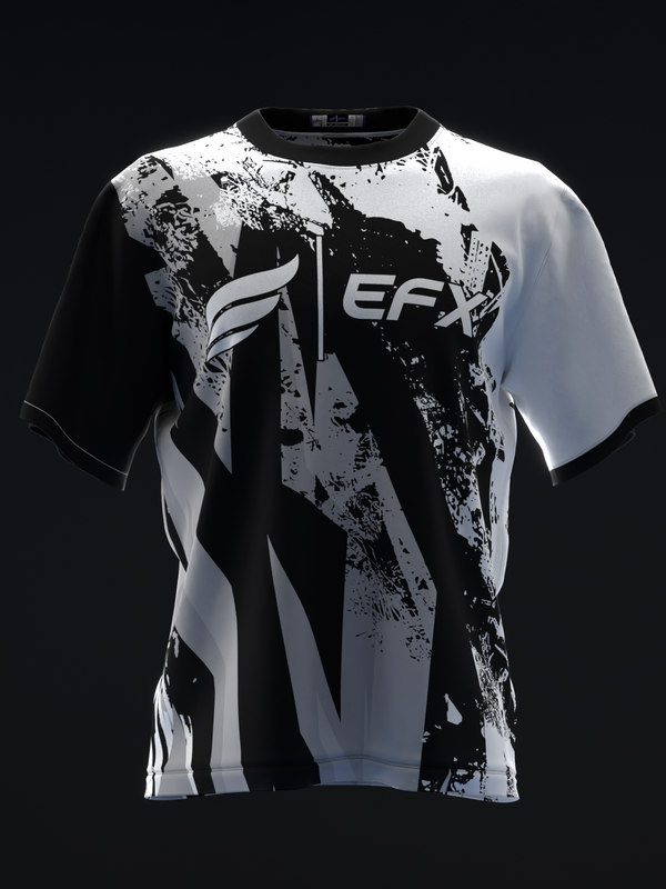 Black and white bowling jersey with abstract grunge graphic and EFX logo, front view