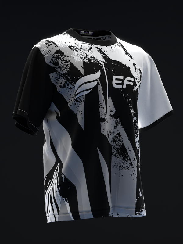 Black and white bowling jersey with splattered graphic and EFX logo, front view