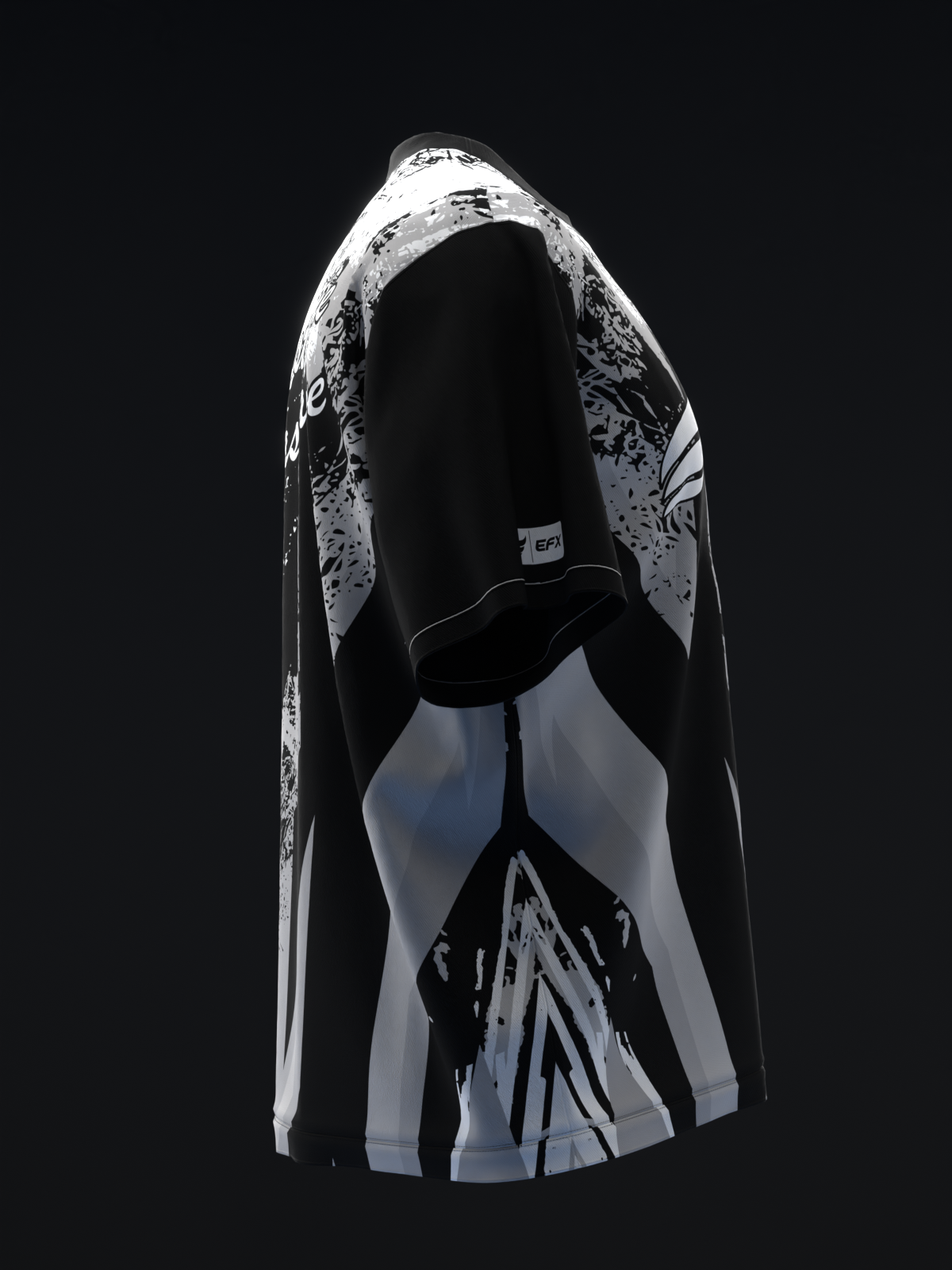 Black and white bowling jersey with splatter graphic design, back view