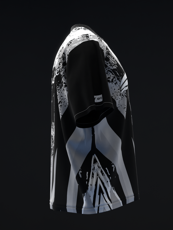 Black and white bowling jersey with splatter graphic design, back view