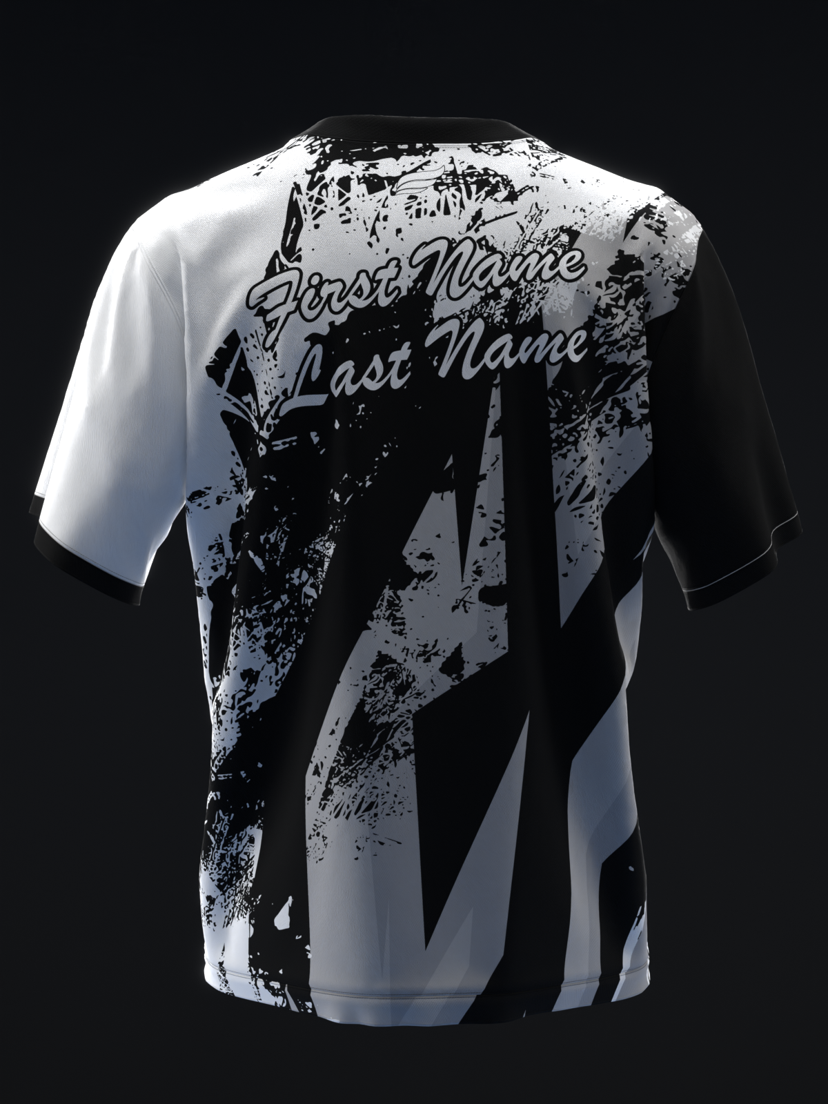 Black and white bowling jersey with distressed grunge graphic and name placement