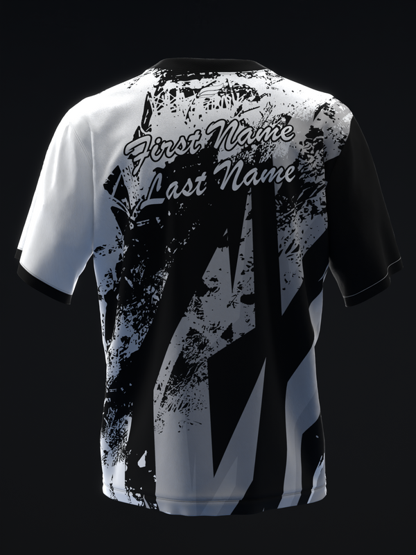 Black and white bowling jersey with distressed grunge graphic and name placement